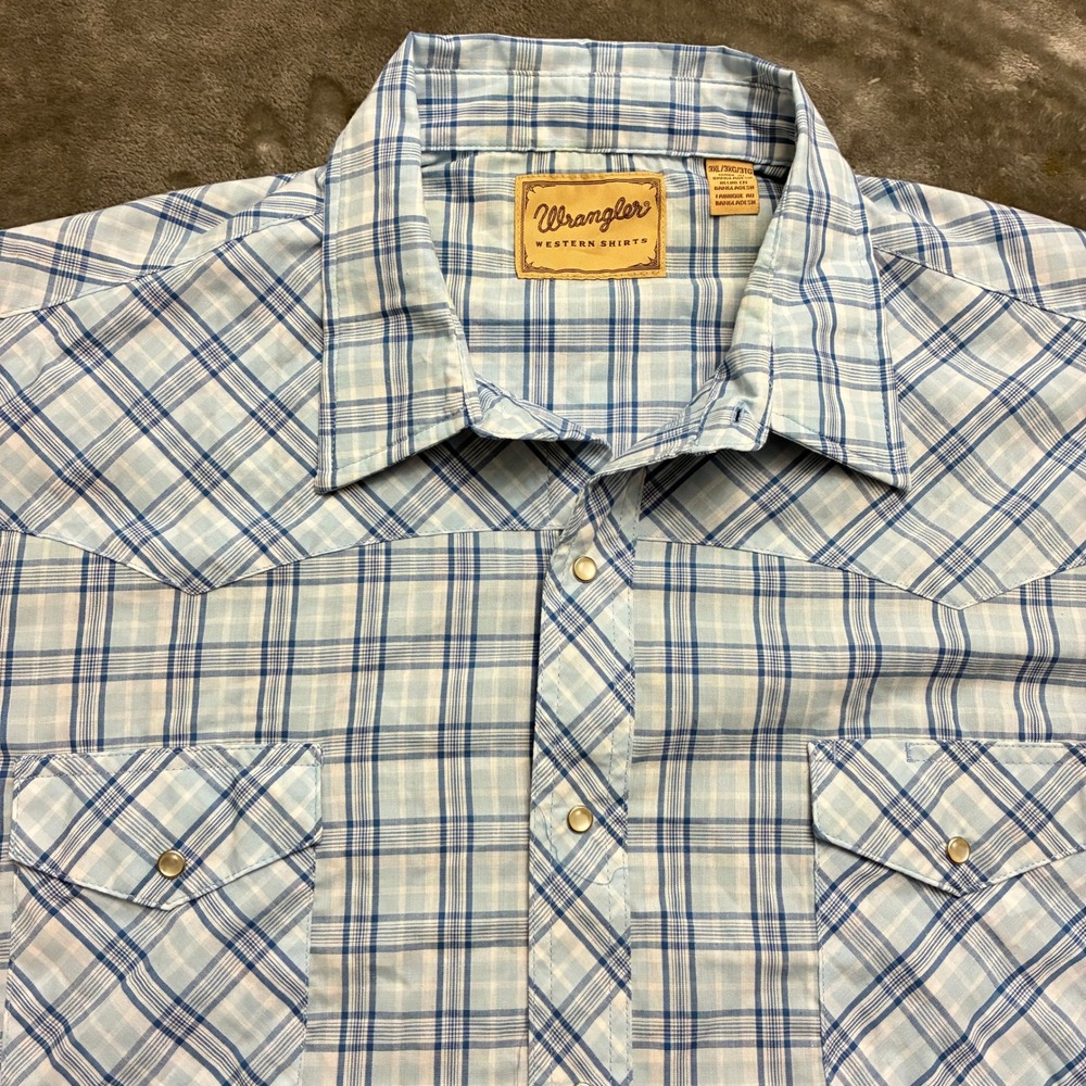 Wrangler Western Shirt Mens 3XL White Blue Plaid Short Sleeve‎ Front Pearl Snap